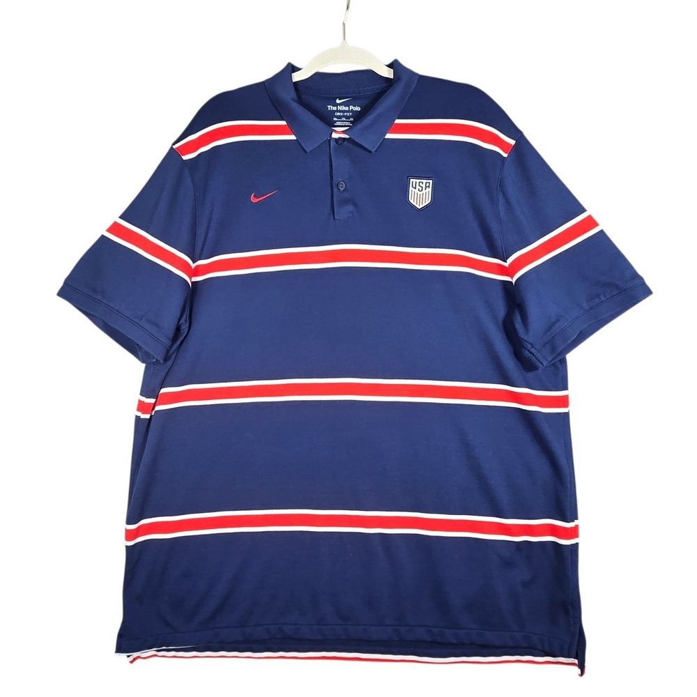 Nike USMNT Polo Shirt Mens XXL Blue Striped USA Soccer Crest Dri-Fit Futbol